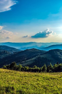 Yeşil tepelerin güzel manzarası ve arkadaki mavi gökyüzü.