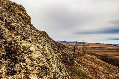 Dağları ve mavi gökyüzü olan güzel bir manzara.