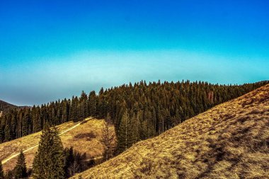 Dağları ve mavi gökyüzü olan güzel bir manzara.