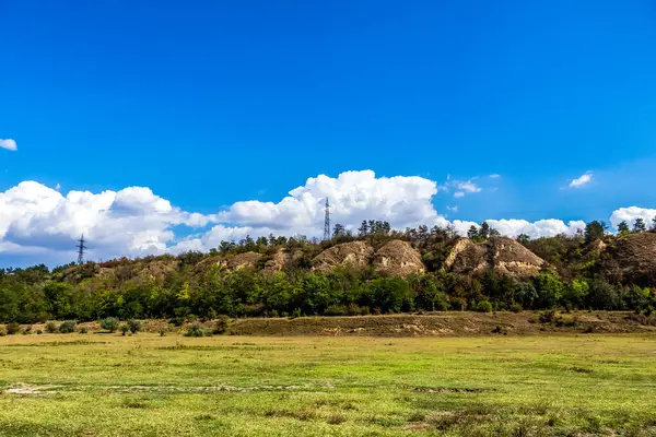 Ormanda tepesi olan bir manzara.