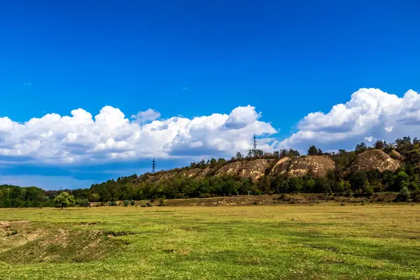 Büyük bir tarlası ve mavi gökyüzü olan yeşil arazinin manzarası.