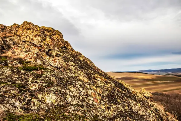 Güneşli bir günde büyük bir kayayla güzel bir dağ manzarası