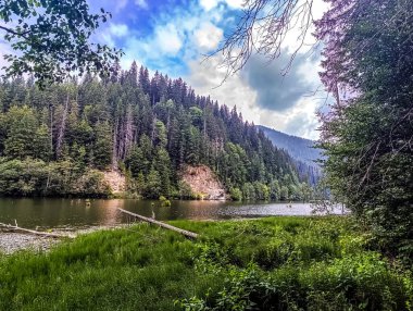 Dağlarla çevrili bir gölün dikey görüntüsü.