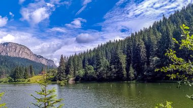 Göl ve dağlarla dolu güzel bir manzara.