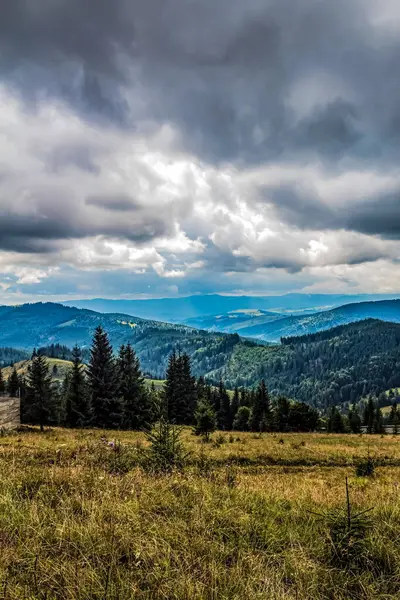 Tepelerin üzerinde güzel bulutlu bir gökyüzünün dikey görüntüsü.