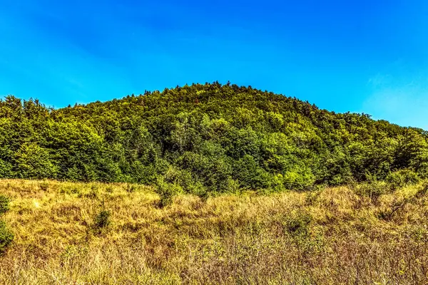 Dağları ve mavi gökyüzü olan güzel bir manzara.