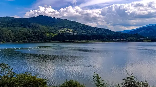 Dağlarda gölü olan güzel bir manzara.