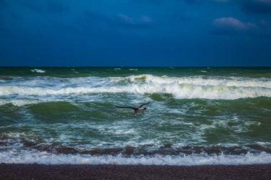 Karanlık gökyüzünde deniz dalgaları