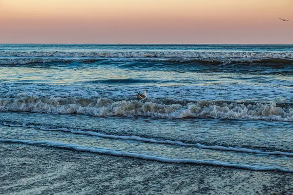 Denizde gün batımı, kışın plaj