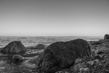Güzel bir denizin siyah beyaz fotoğrafı.