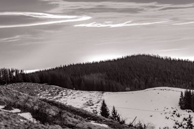 Güzel kış manzarası karla kaplı ağaçlar ve beyaz karla kaplı dağlar..