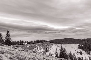 Karla kaplı ormanlar, Karpatlar ve Ukrayna ile güzel dağ manzarası