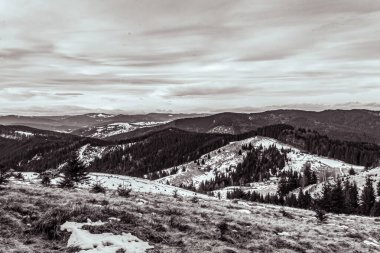 Dağ manzarasının siyah beyaz fotoğrafı
