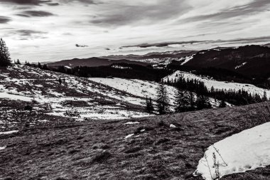 Kışın Karpat Dağları 'nın zirvesinden güzel bir manzara. siyah beyaz fotoğraf.