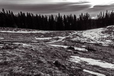 bir dağ yolunun siyah beyaz görüntüsü