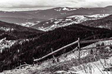 Dağlar ve ağaçlarla kaplı kış manzarası