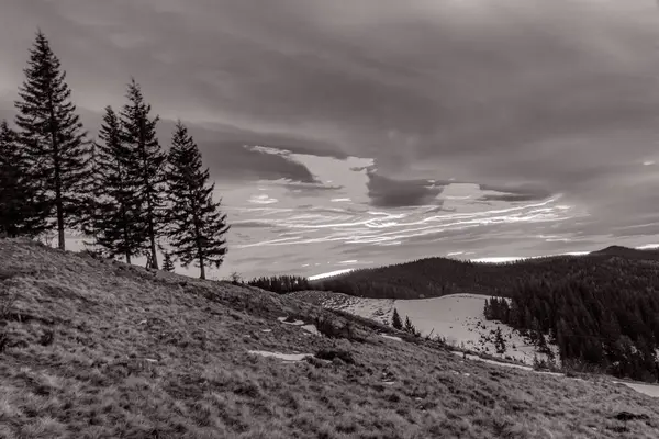 Karpat Dağları 'ndaki bir dağ manzarasının siyah beyaz fotoğrafı