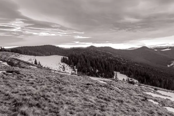 Kışın siyah ve beyaz dağ manzarası.