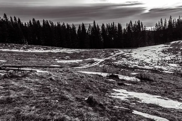bir dağ yolunun siyah beyaz görüntüsü