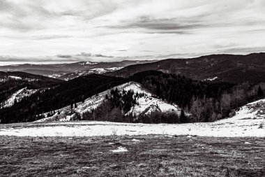 Kış mevsiminde Karpat dağlarının güzel manzarası.