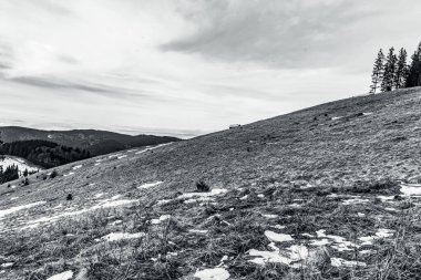 bir dağ manzarasının siyah beyaz fotoğrafı