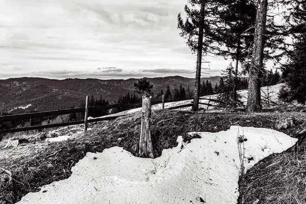 bir dağ manzarasının siyah beyaz fotoğrafı