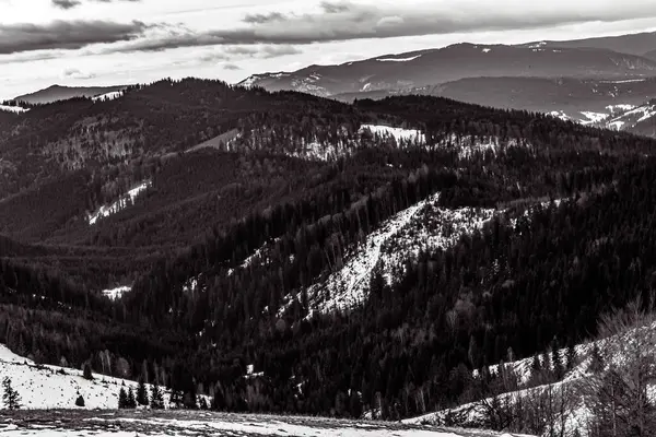 Kış dağı manzarası. siyah ve beyaz.