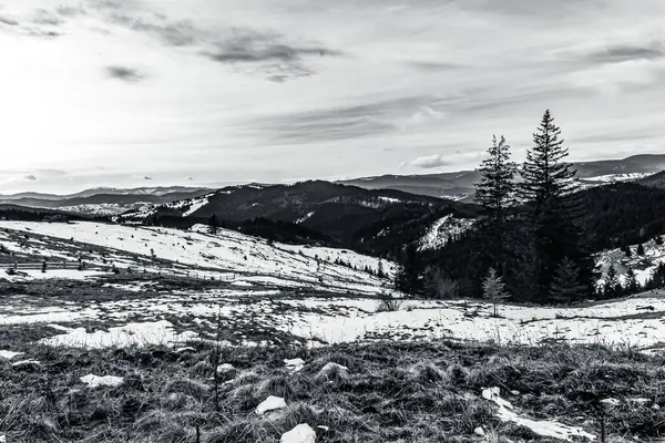 bir dağ manzarasının siyah beyaz fotoğrafı