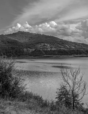Güzel manzaranın siyah beyaz fotoğrafındaki göl.