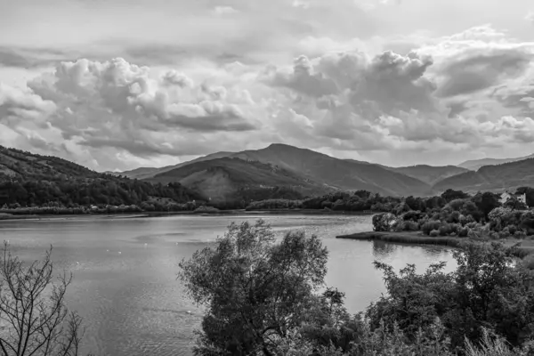 Siyah ve beyaz manzaralı göllü ve arka planda ağaçlar, İspanya