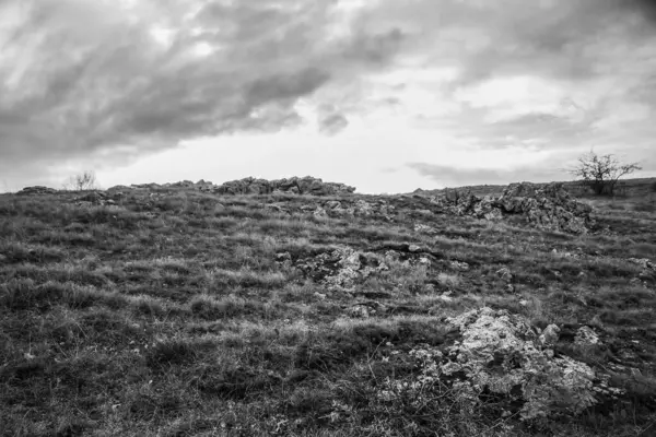 ön planda çimen olan dağın siyah ve beyaz görüntüsü, doğal arkaplan