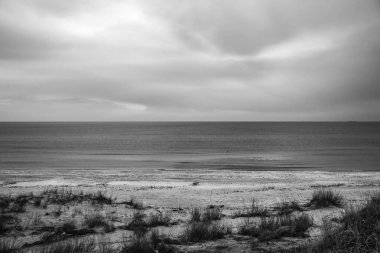 Bulutlu bir gökyüzü ile kumsalın gri tonlu bir görüntüsü.