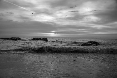 Baltık Denizi 'nde deniz manzarası, siyah beyaz fotoğraf