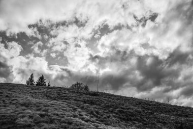 Dağ manzarasının siyah beyaz fotoğrafı