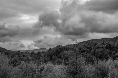 Bulutlu bir günde bulutlu bir gökyüzünün gri tonlu görüntüsü.