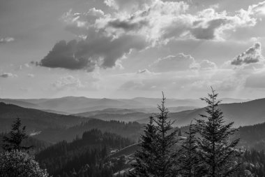 Arkasında bulutlu bir gökyüzü olan güzel Karpatlar 'ın siyah beyaz fotoğrafı.