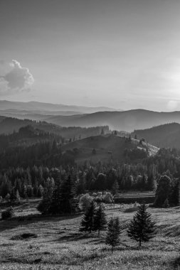 Bir dağ ve arkasında bulutlu bir gökyüzü olan güzel bir manzara. Siyah beyaz fotoğrafçılık. Karpatya Dağı