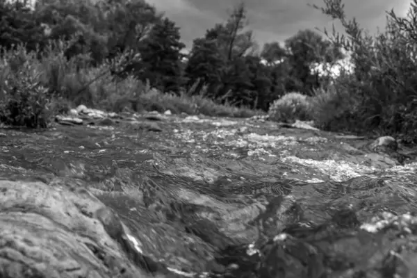 Taşların arasından akan nehrin siyah beyaz fotoğrafı..
