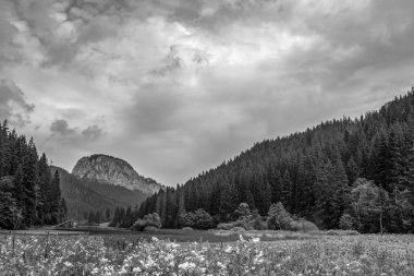 Bulutlu bir gökyüzü ve dağlarda siyah bulutlar olan güzel bir manzara..