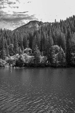 Dağlardaki gölün siyah beyaz fotoğrafı.