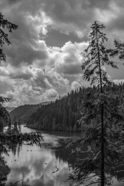 Dağlarda bir gölün siyah beyaz görüntüsü