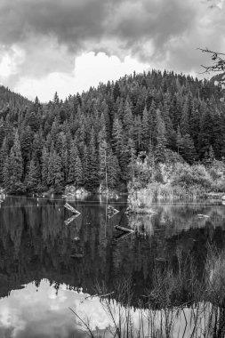 Dağlardaki gölün siyah beyaz görüntüsü