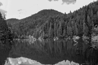 siyah beyaz fotoğraf. Dağlarda bir dağ gölü.