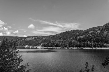 Gölün siyah beyaz fotoğrafı