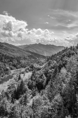 Karpatlar 'daki dağların siyah beyaz fotoğrafı.