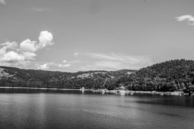 Bulutlu gökyüzünün altında dağlarla ve yeşilliklerle çevrili bir gölün güzel gri tonlu görüntüsü.