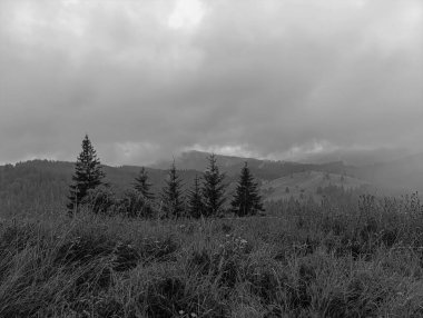 Dağları ve bulutları olan güzel bir manzara