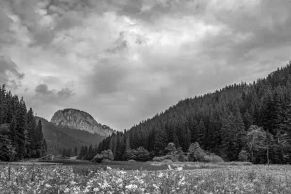 Bulutlu bir gökyüzü ve dağlarda siyah bulutlar olan güzel bir manzara..