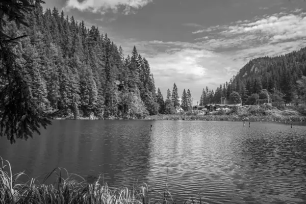 Dağlardaki gölün siyah beyaz görüntüsü