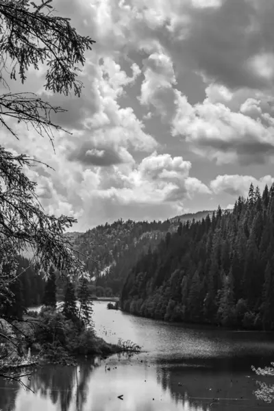 Dağlarda gölü olan güzel bir manzara.